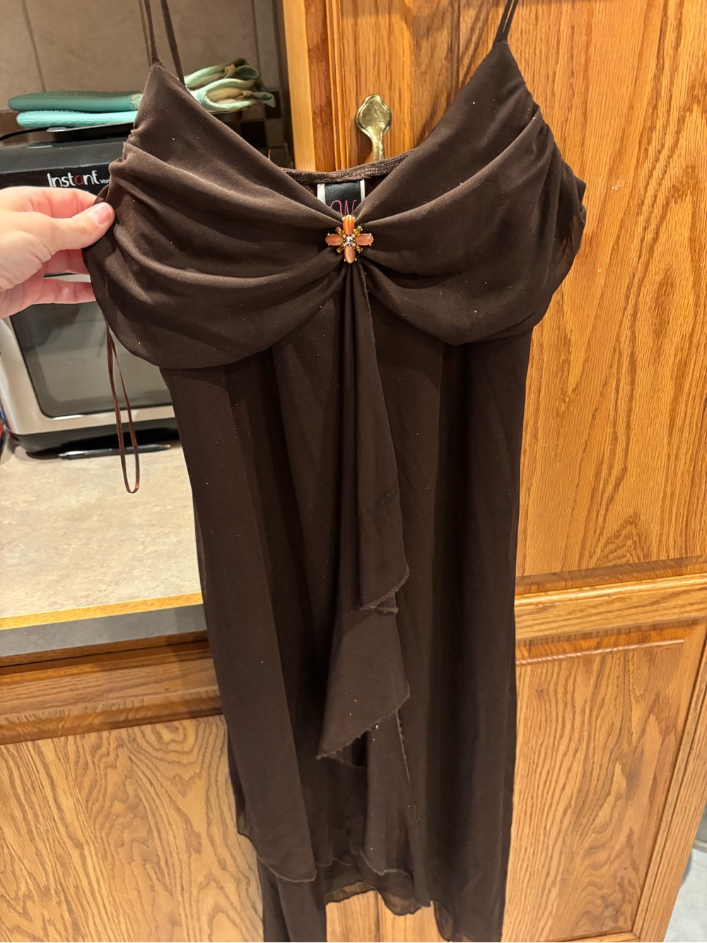 Wrapper Brown Evening Dress with Jewel Accent Y2K
